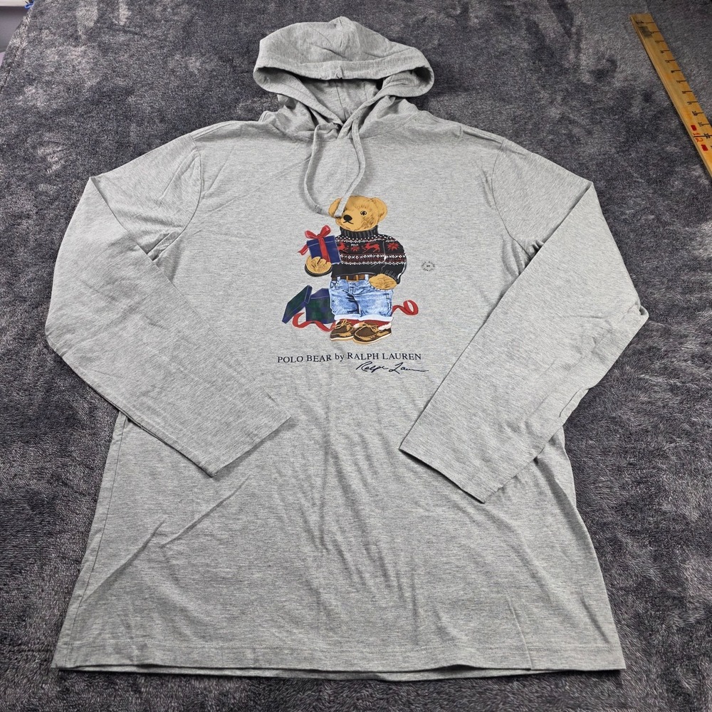 Ralph Lauren Polo Bear Jersey Hooded T Shirt Mens L Tall Gray Christmas Bear